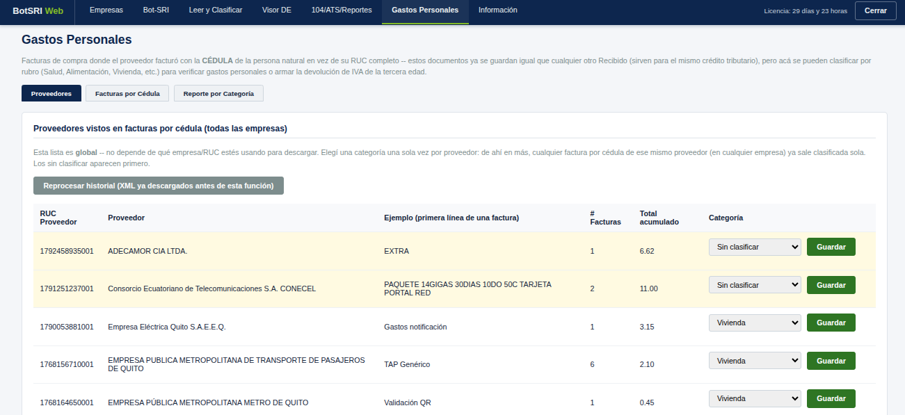 Módulo Gastos Personales de BOT-SRI: listado de proveedores vistos en facturas por cédula, con número de facturas, total acumulado y selector de categoría