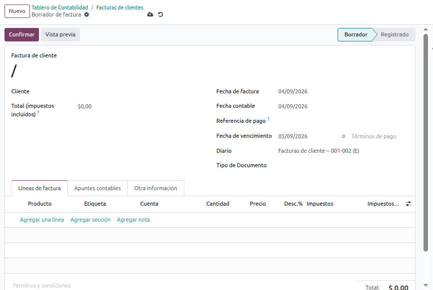 Formulario de ingreso de una factura de cliente en SIGAC-EC con cliente, fechas, diario, tipo de documento y líneas de factura